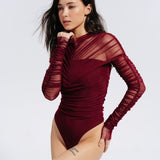 Mesh ruched sleeves in Burgundy
