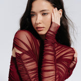 Mesh ruched sleeves in Burgundy