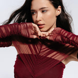 Mesh ruched sleeves in Burgundy