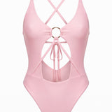 Ring detail one-piece swimsuit with ties in Powder pink