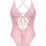 Ring detail one-piece swimsuit with ties in Powder pink