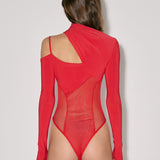 Asymmetric draped bodysuit with mesh in Red