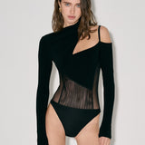Asymmetric draped bodysuit with mesh in Black