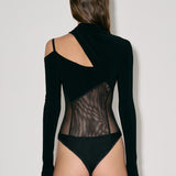 Asymmetric draped bodysuit with mesh in Black