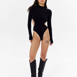 Bodysuit with a high neckline and circular cutouts in Black