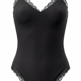 V-neck bodysuit with lace trim in Black
