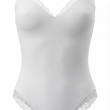 V-neck bodysuit with lace trim in Milk