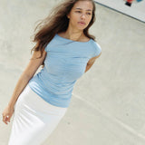 Top with a shaped neckline and gathers in Light Blue